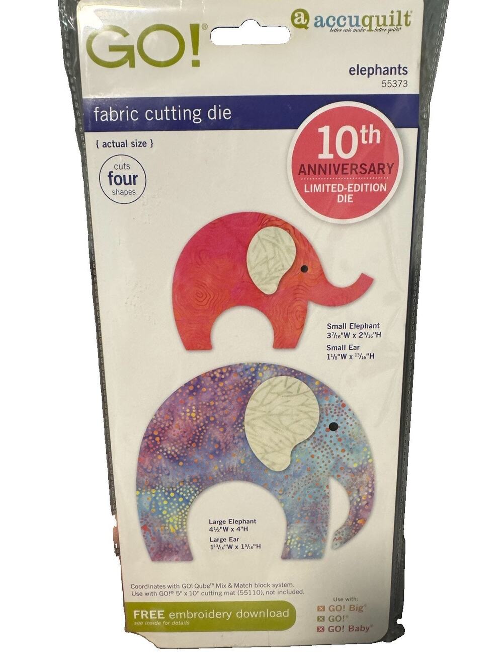 AccuQuilt GO! Fabric Cutting Die Elephants #55373 Pre-Owned